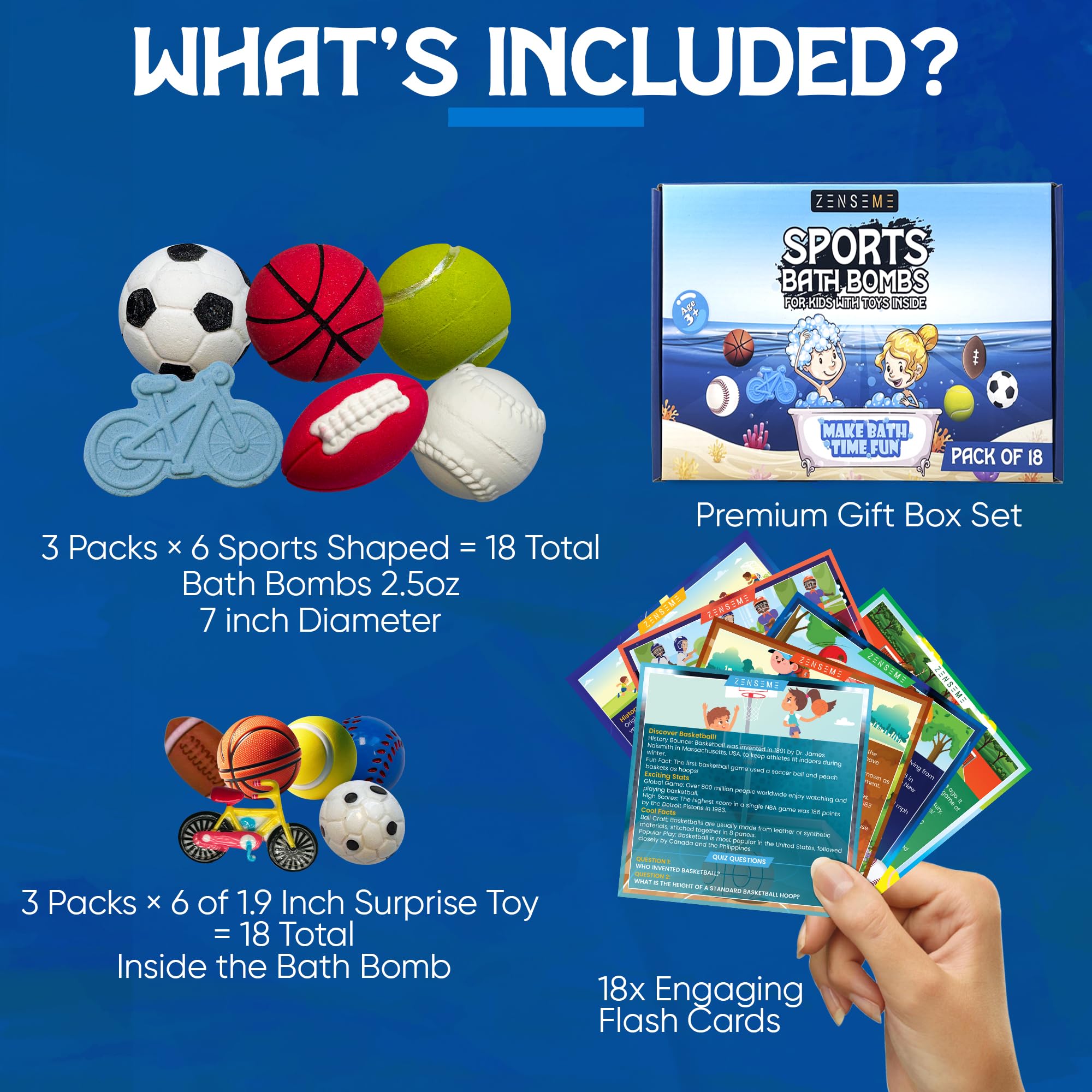 ZenseMe 18-Pack Sports Bath Bombs with Toys Inside – Handmade Organic Kids Gift Set (2.5 oz each)