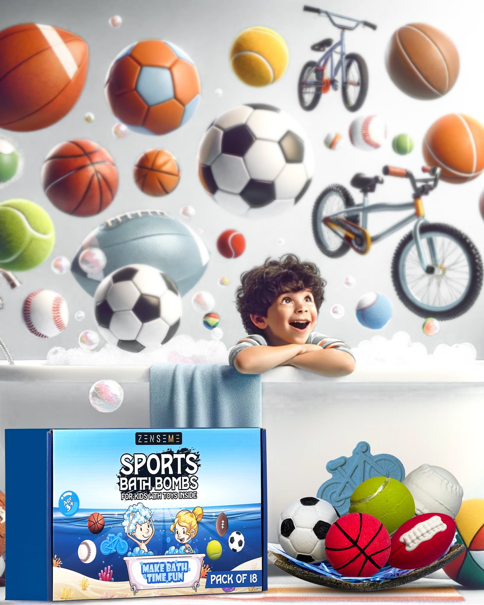 ZenseMe 18-Pack Sports Bath Bombs with Toys Inside – Handmade Organic Kids Gift Set (2.5 oz each)