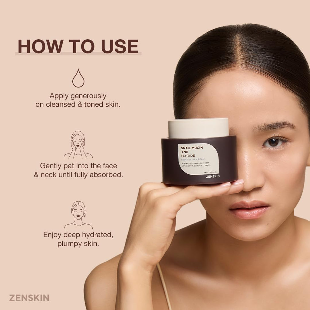 Zenskin Snail Mucin & Peptide Cream – 90% Snail Mucin, 5 Peptides, Deep Hydration, 100ml