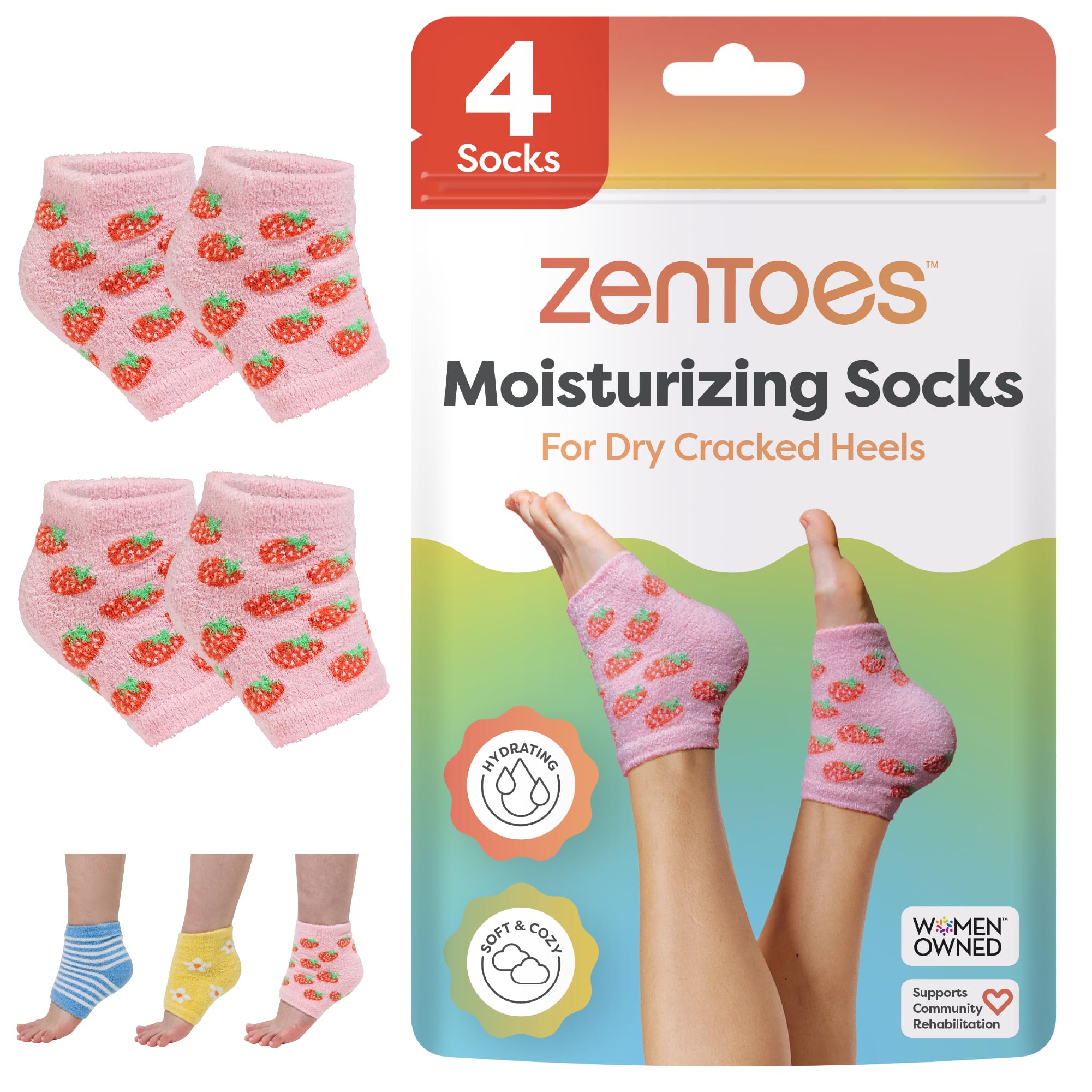 ZenToes Moisturizing Socks for Dry Heels – Vitamin E, Olive & Jojoba Oils (Pink Strawberries, Regular)
