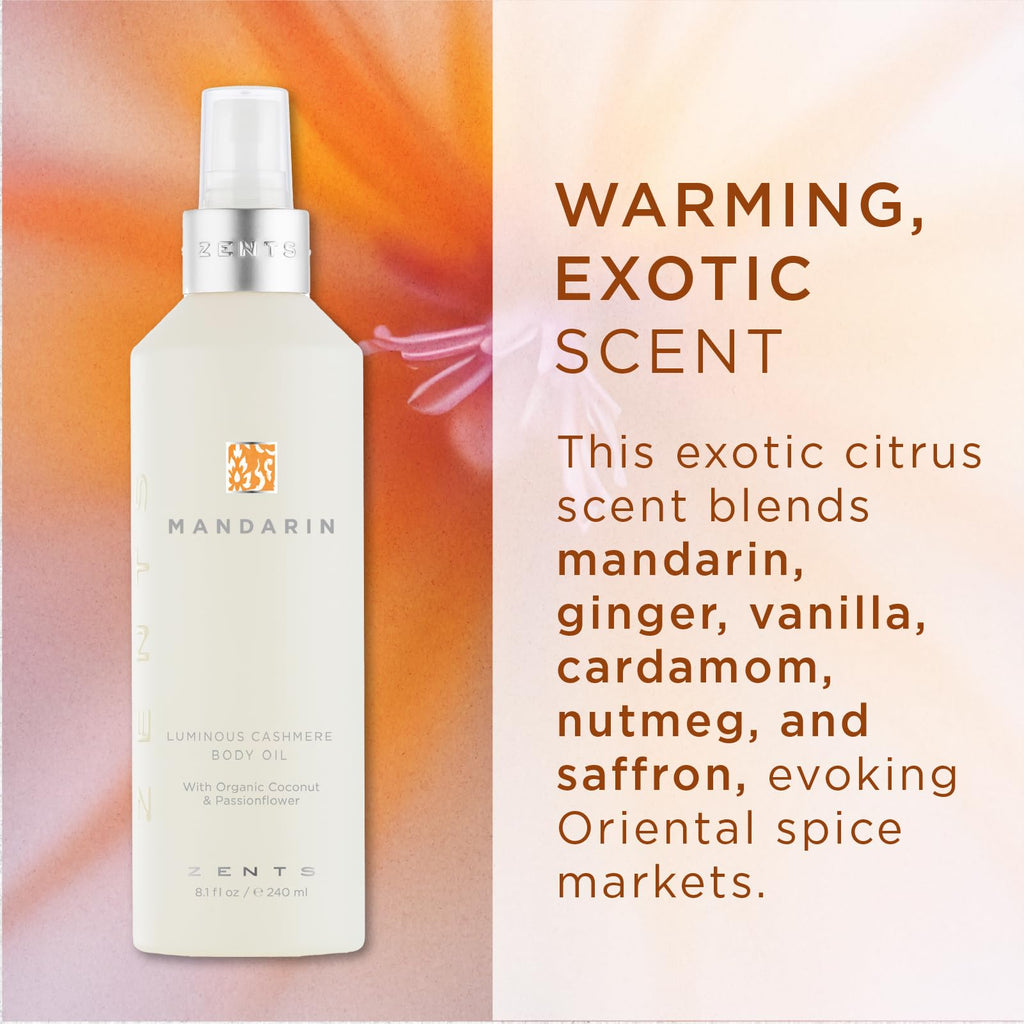 Zents Luminous Cashmere Body Oil (Mandarin Fragrance) | Moisturizing Oil with Vitamin E & Coconut Oil | 8 fl oz