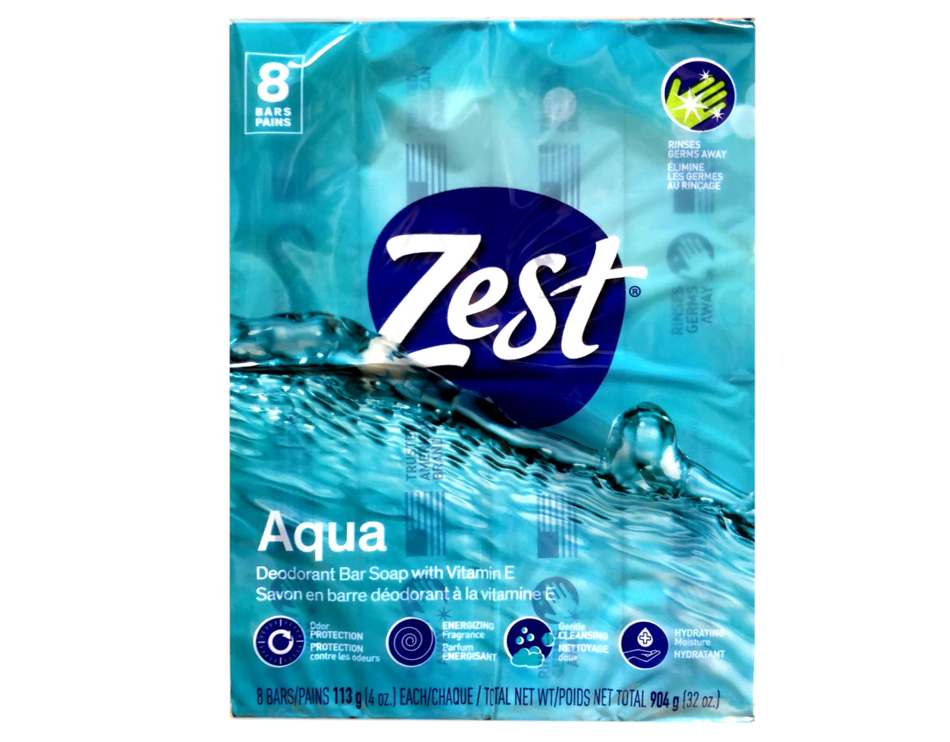 Zest Aqua Pure Cleansing Bar Soap — 20% More Moisture, Vitamin E, 8 Bars (Pack of 2)