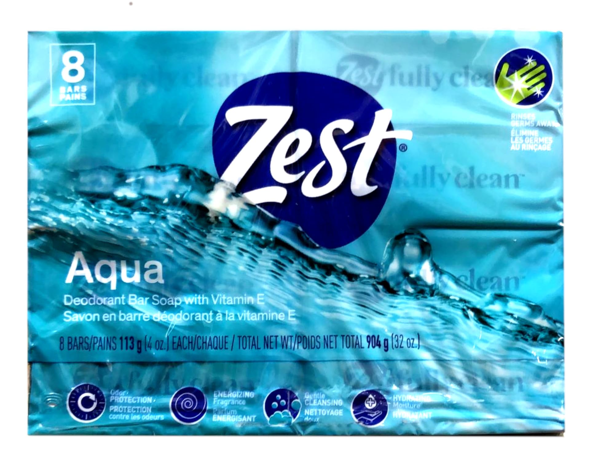 Zest Aqua Pure Cleansing Bar Soap — 20% More Moisture, Vitamin E, 8 Bars (Pack of 2)