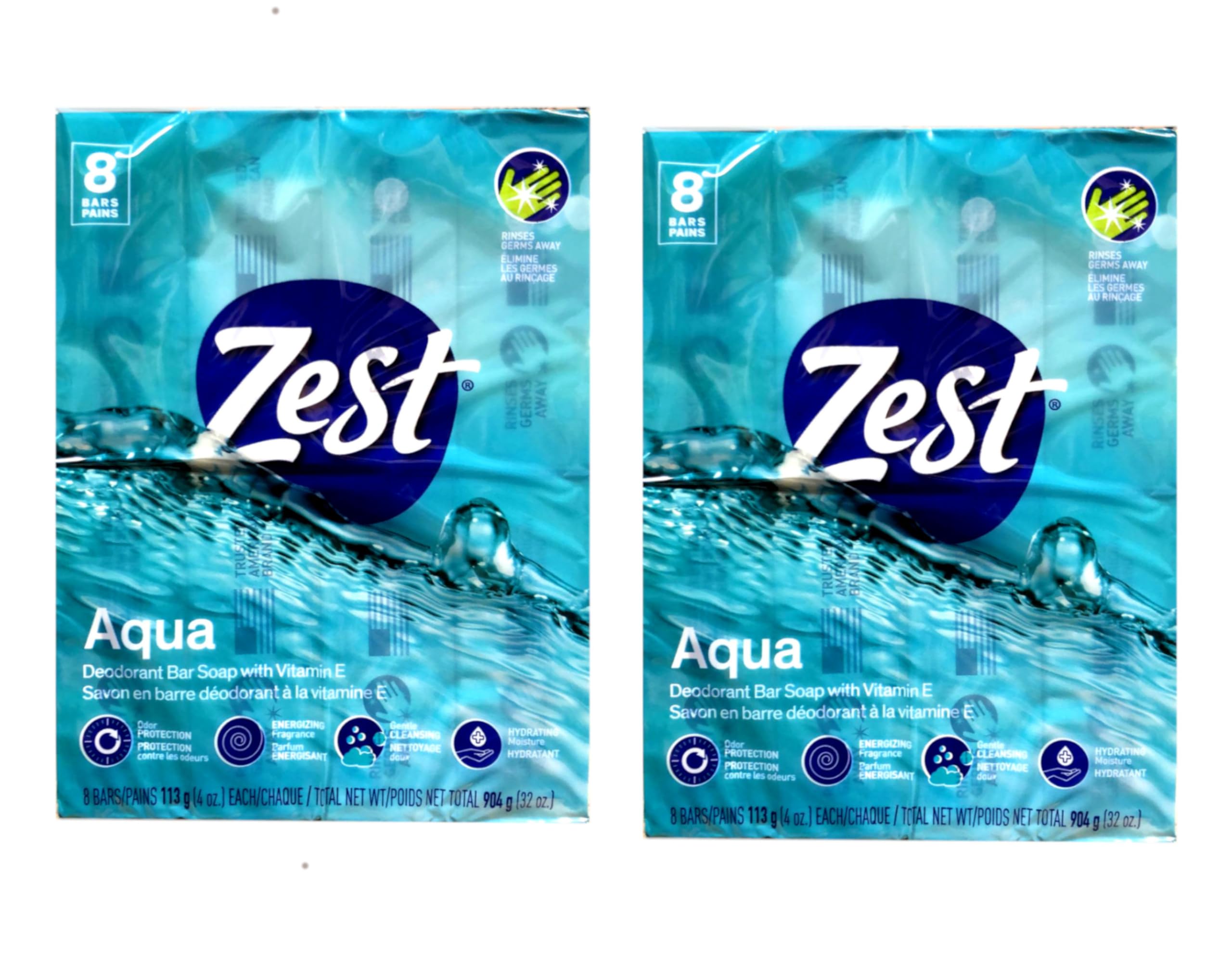 Zest Aqua Pure Cleansing Bar Soap — 20% More Moisture, Vitamin E, 8 Bars (Pack of 2)
