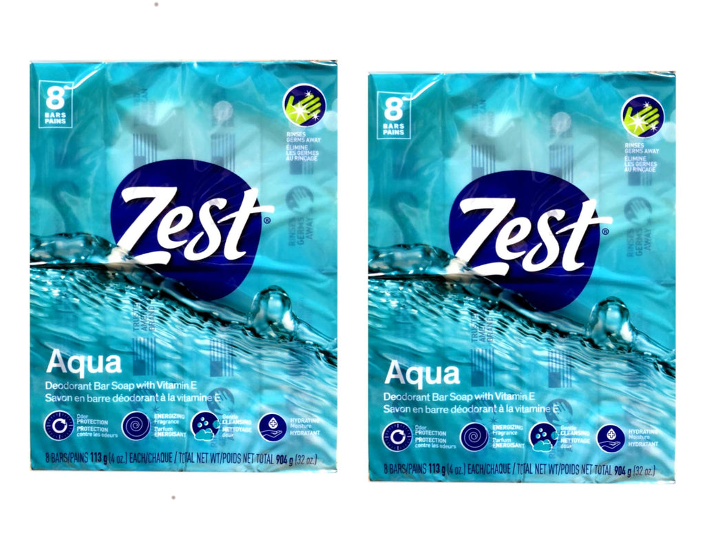 Zest Aqua Pure Cleansing Bar Soap — 20% More Moisture, Vitamin E, 8 Bars (Pack of 2)