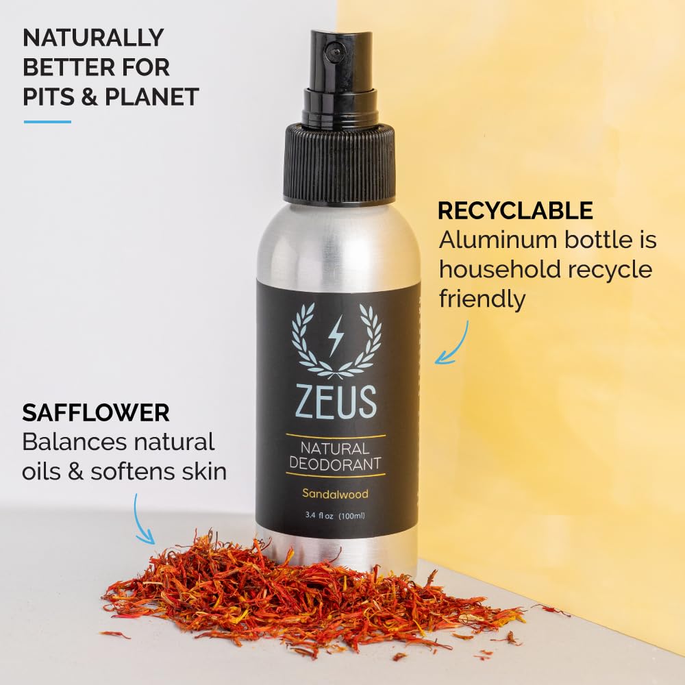 ZEUS Natural Sandalwood Deodorant Spray for Men – Aluminum-Free, Vegan, Made in USA