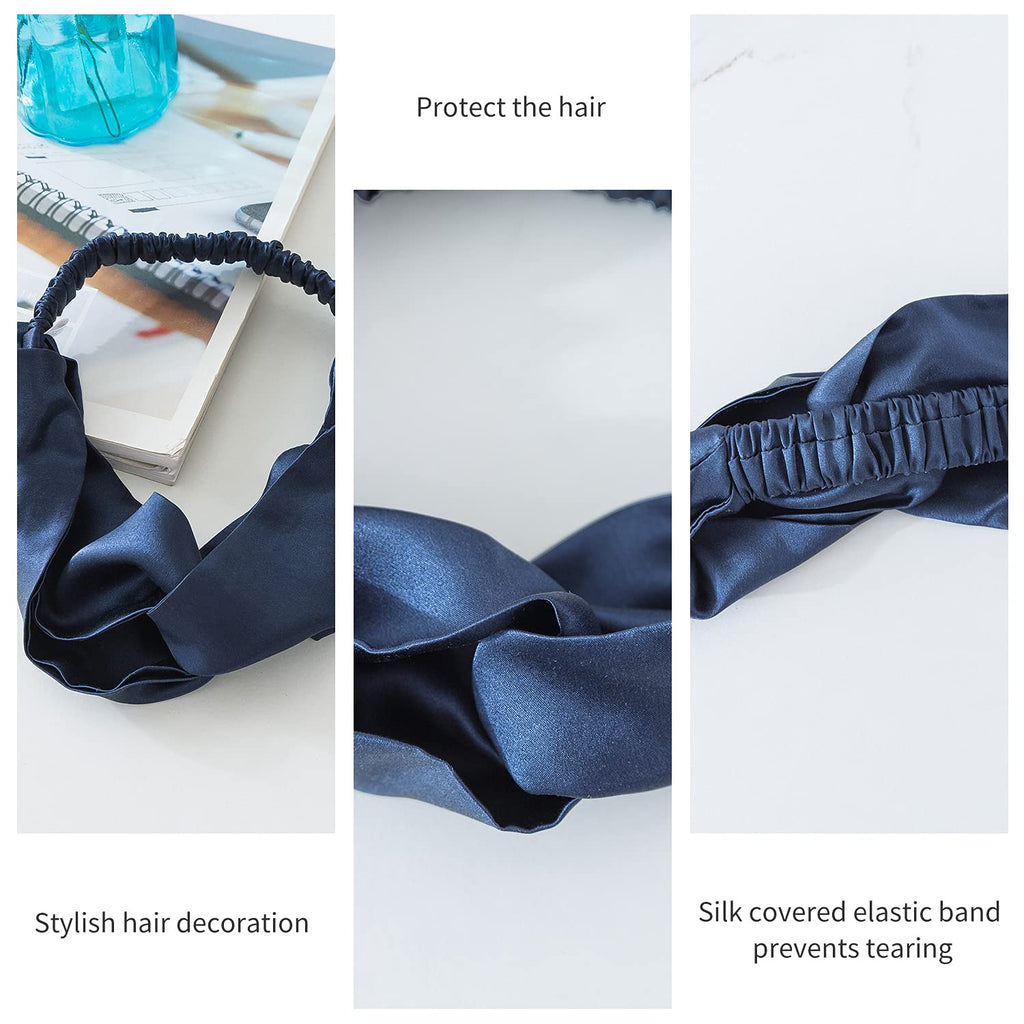 ZIMASILK 100% Mulberry Silk Headband – Non-Slip Turban, Navy Blue