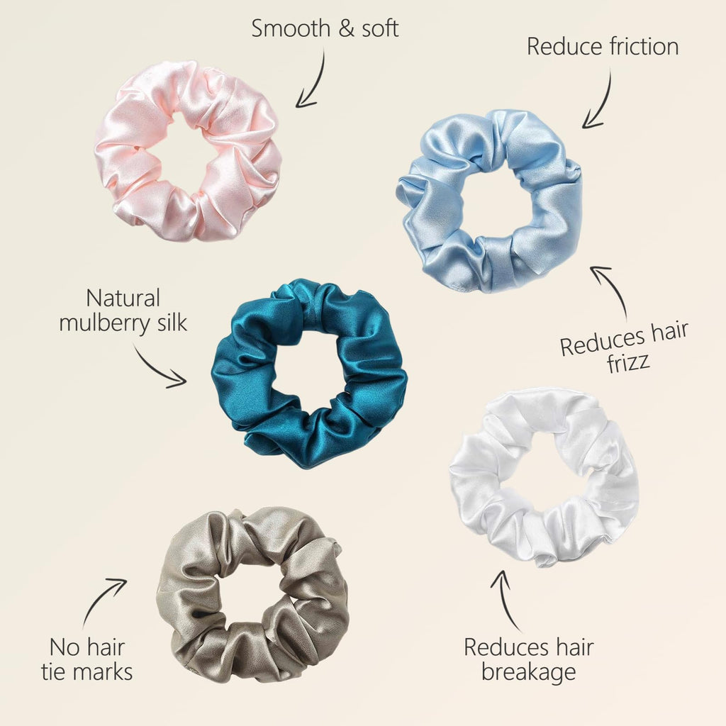 ZIMASILK 100% Mulberry Silk Hair Scrunchies — 19 Momme, No-Tug, 5-Pack