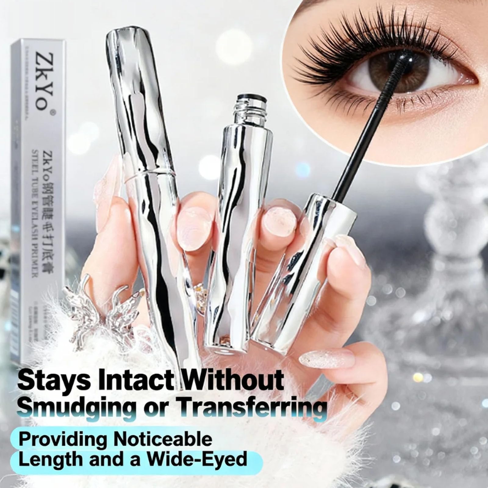 zkyo Steel Tube Eyelash Primer + Tubing Mascara — Waterproof, 3D Curl, No Flaking (0.12oz/3.5g)