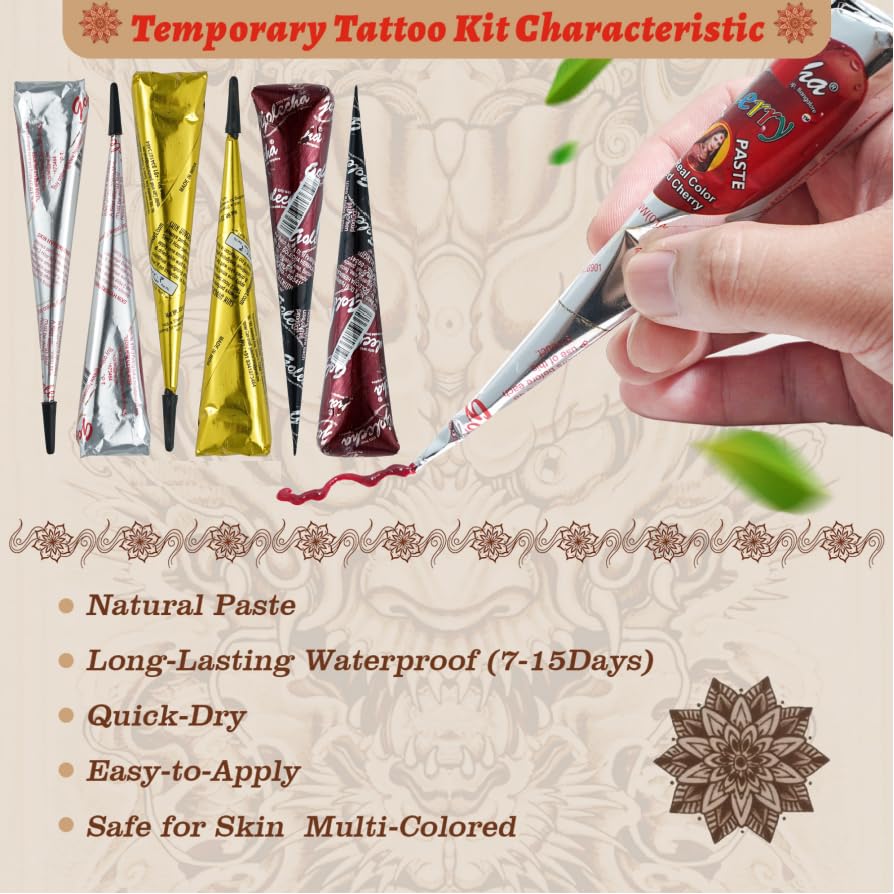 ZPTYCHZ Temporary Tattoo Kit – 6 Pcs Cones, 4 Inks, Stencils & Gloves