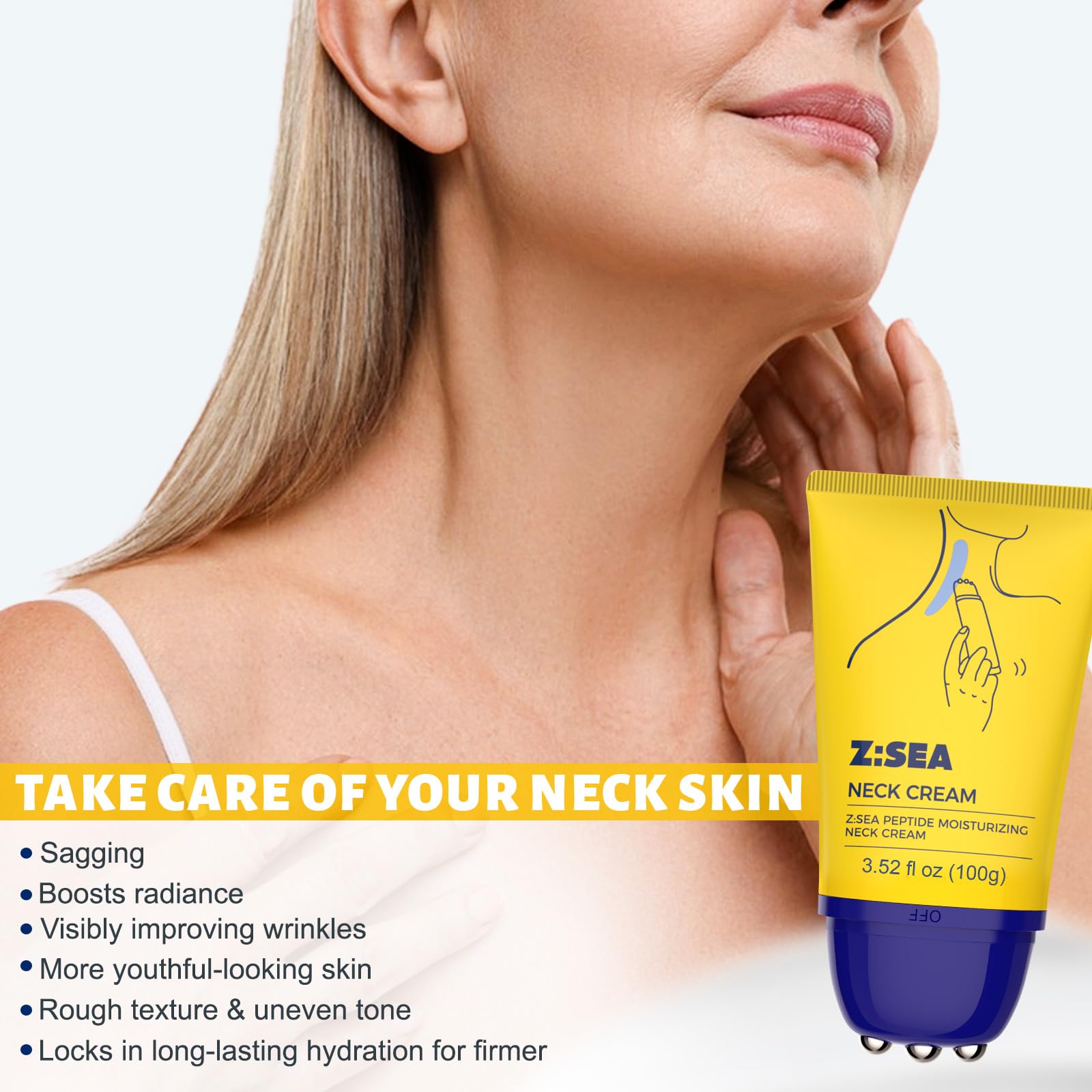 Z：SEA Neck Firming Cream with Roller – Anti-Aging Neck & Chest Cream with Multi Peptides, Collagen, Hyaluronic Acid