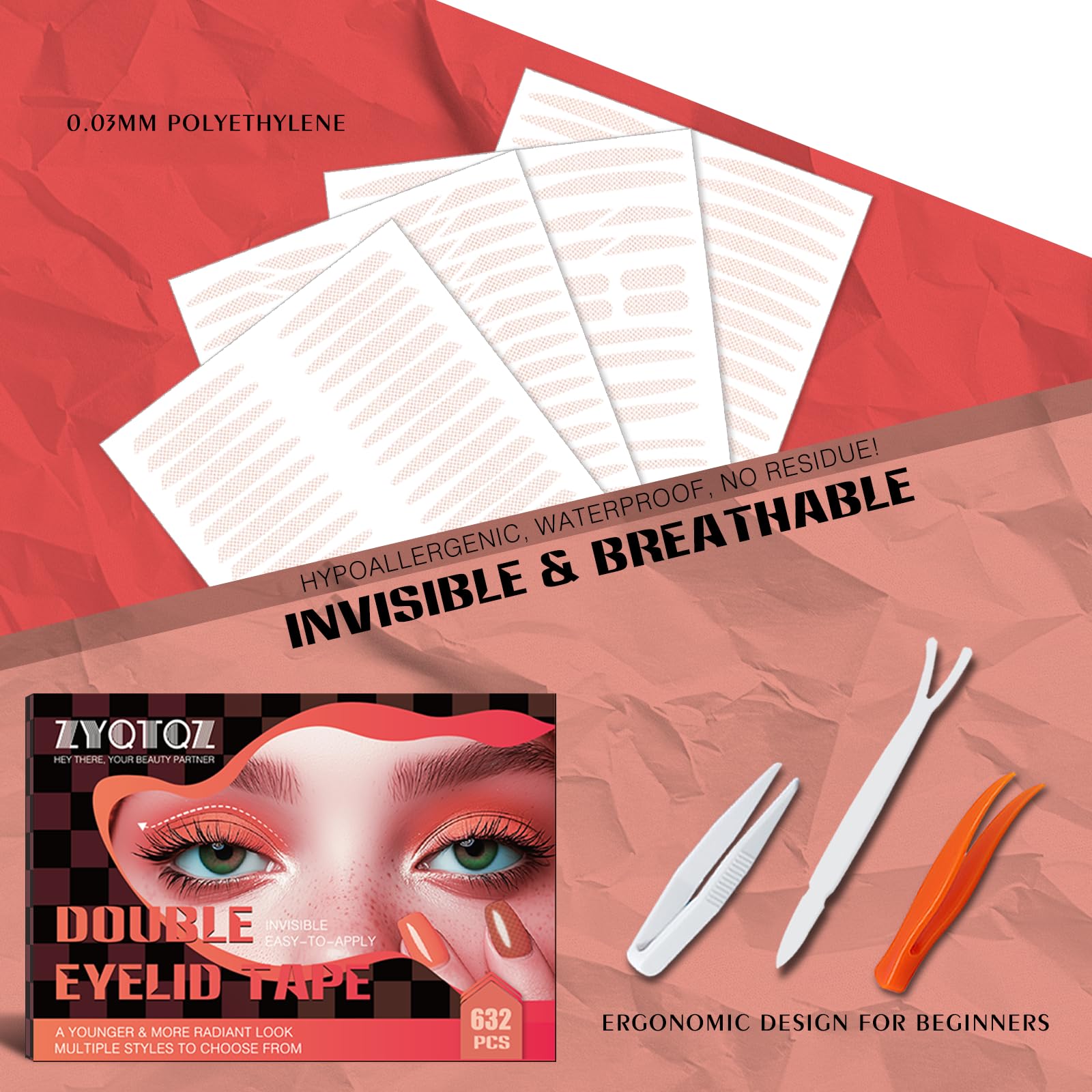 ZYQTQZ Eyelid Tape – Ultra-Thin Invisible Double Eyelid Strips, Waterproof & All-Day Hold (632 Pcs)