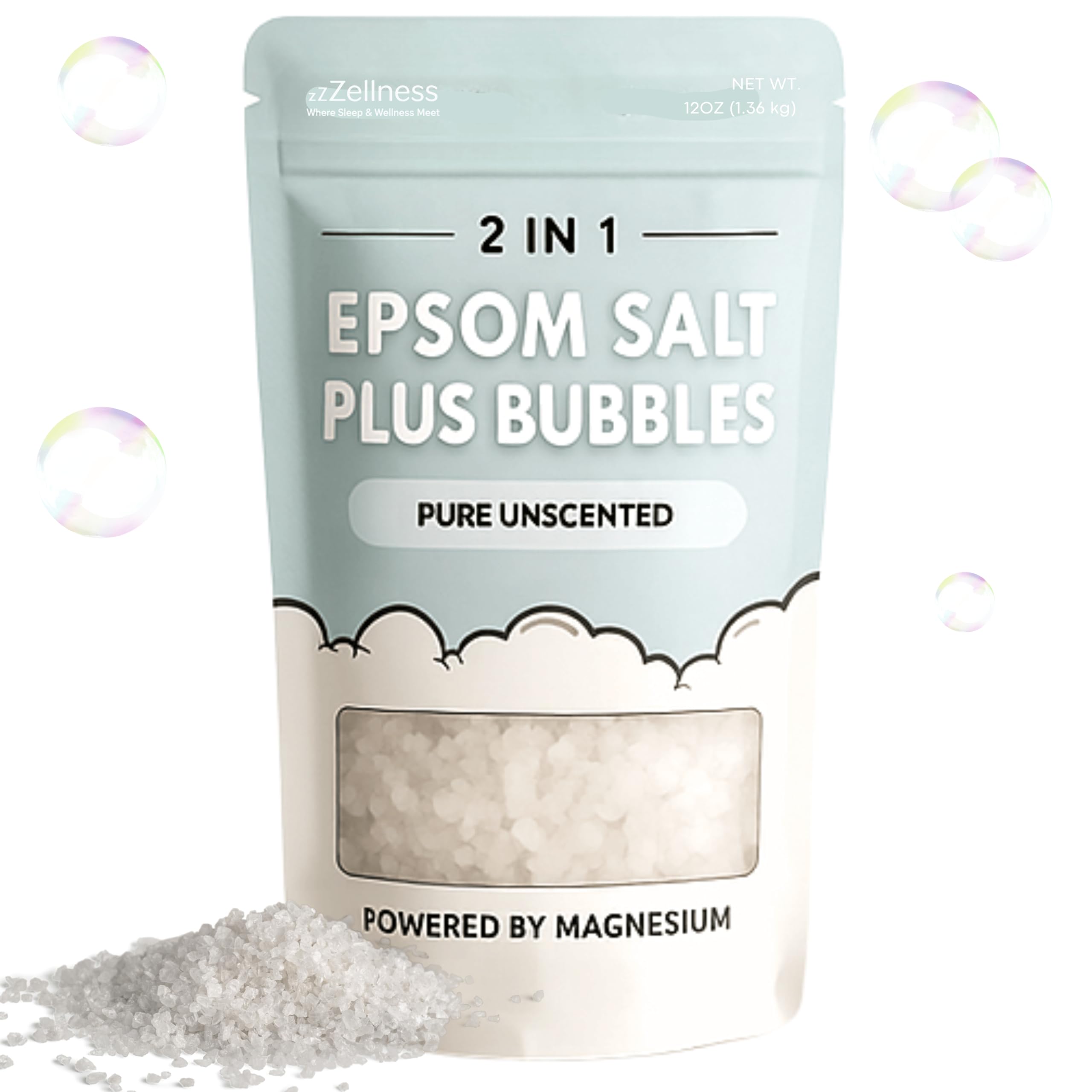 ZZZELLNESS Epsom Salt Plus Bubbles – Unscented Foaming Bath Soak (12 oz)