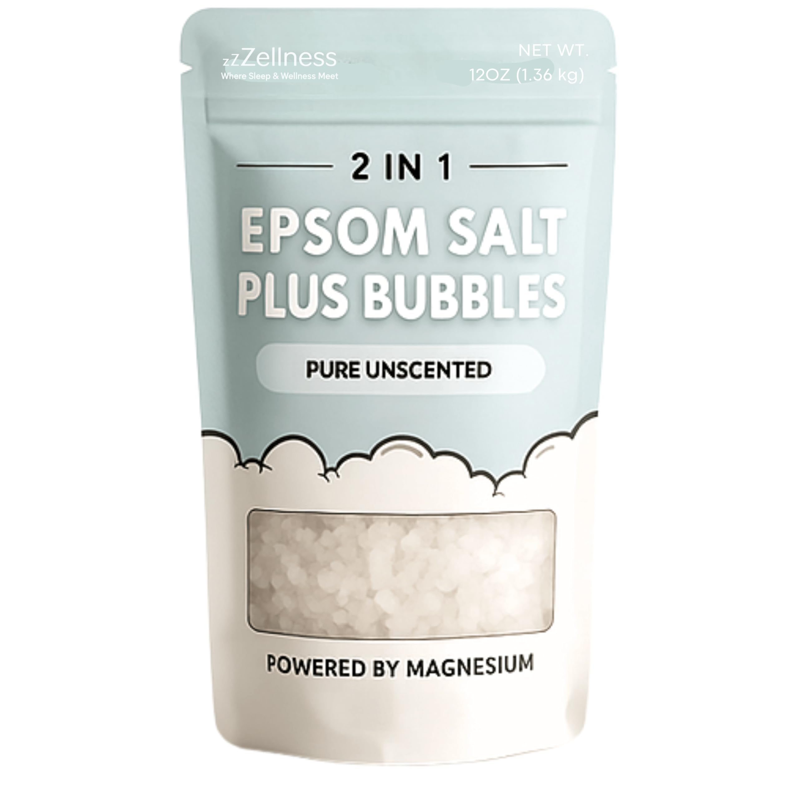 ZZZELLNESS Epsom Salt Plus Bubbles – Unscented Foaming Bath Soak (12 oz)